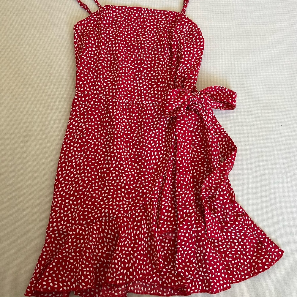NWOT Red polka dot/ Dalmatian print dress. Faux wrap dress with zipper.